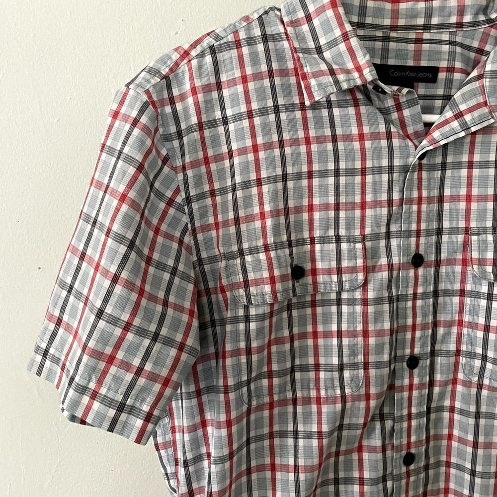 Calvin Klein Jeans red blue black checkered full button down short sleeve cotton